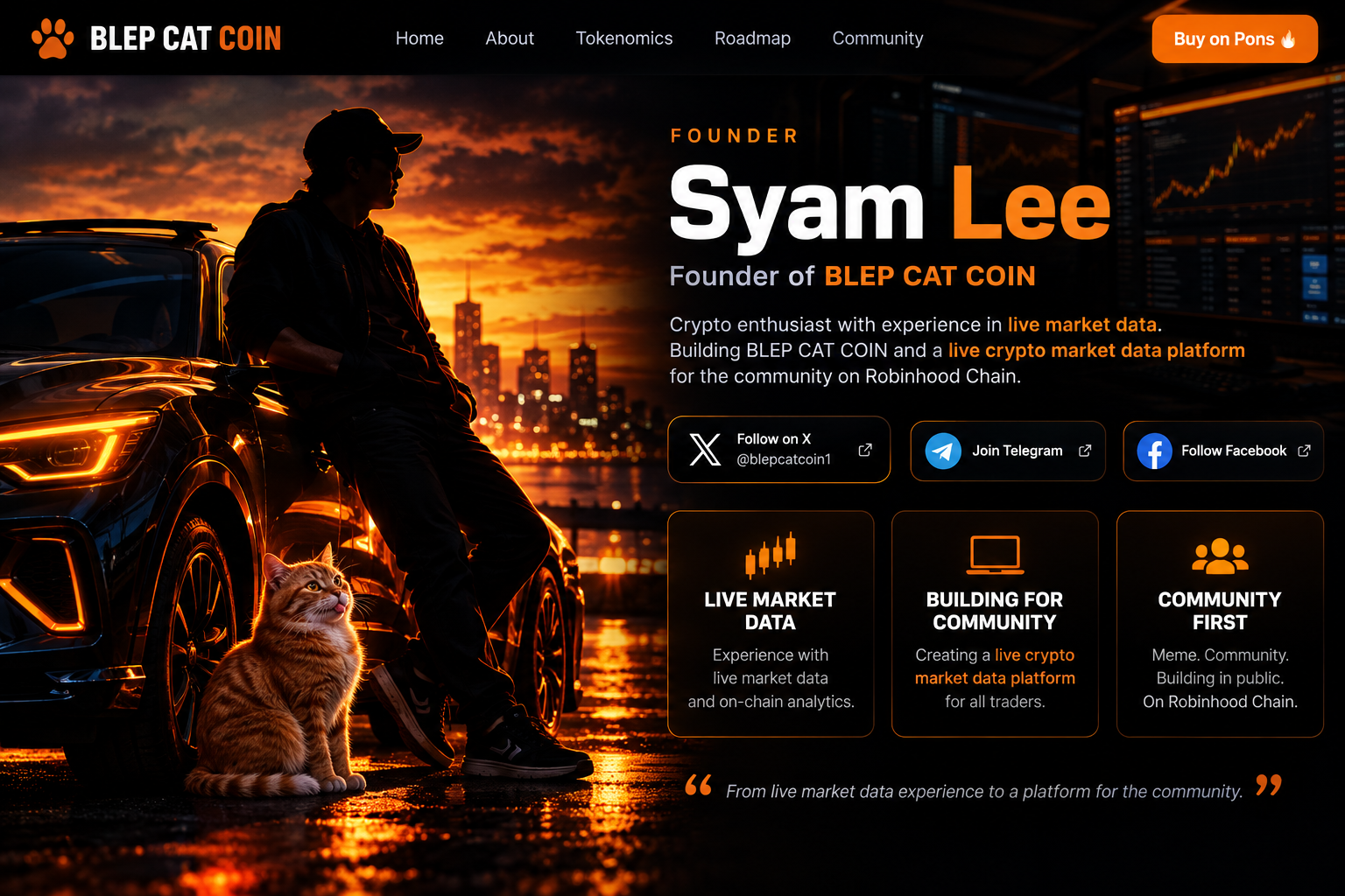 Stylized silhouette of BLEP CAT COIN founder with a cat beside a car